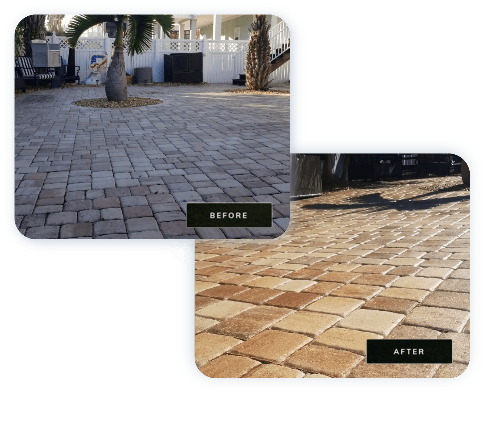 before and after photo of pavers before sealing and after sealing